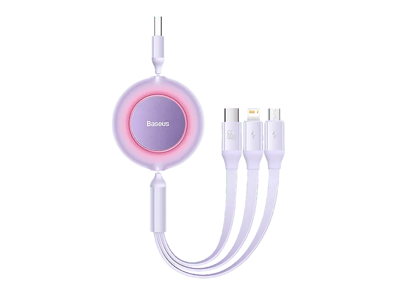 Cable USB - Baseus 3-en-1 Bright Mirror, retráctil 110 cm, Carga rápida multidispositivo, USB-Lightning-Tipo-C-Micro, 66W, Morado