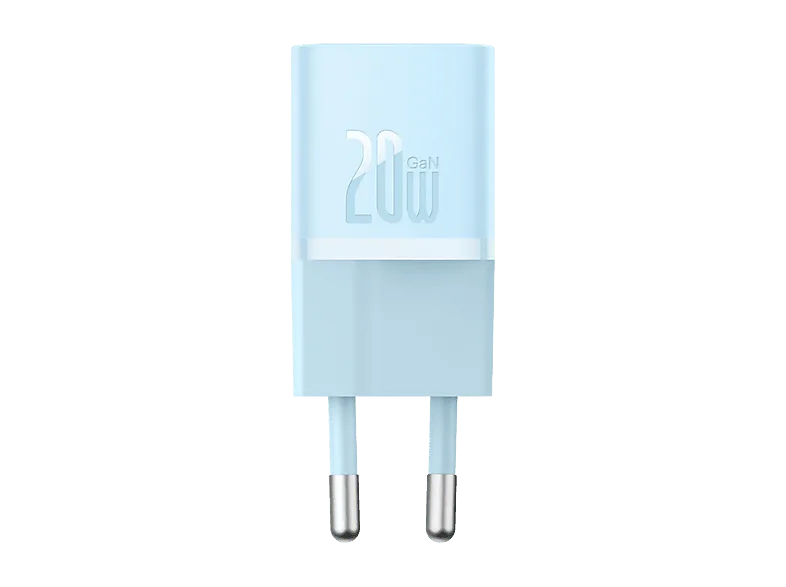 Cargador de pared - Baseus GaN5 Mini, 20W, Tipo-C, Carga rápida, Tamaño extrapequeño, Control inteligente temperatura, Universal, Azul