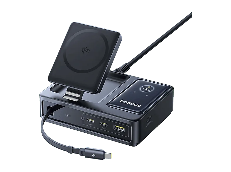 Docking station - Baseus NOMOS 5 en 1, Con carga inalámbrica Qi2, 140W, Cable retráctil y pantalla digital, dispositivos a la vez, Universal, Black