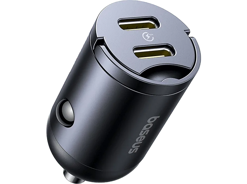 Cargador coche - Baseus Tiny Star Mini, 30W, 2x Tipo-C, Carga rápida, Multidispositivo, Con pestaña de extracción, Universal, Negro Cosmic