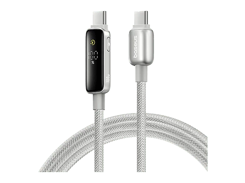Cable USB - Baseus Vipow, Tipo-C a Tipo-C, 100 cm, 100W, Con pantalla de nivel batería, Ultrarresistente, Carga rápida, Galaxy Natural Titanium