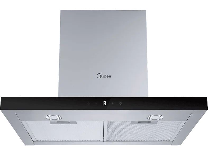 Campana decorativa - Midea MH60B4300B-ES, 4 Niveles de Ventilador, 800 m³/h, 60 cm Ancho, T invertida, Iluminación LED, Acero y frontal cristal negro