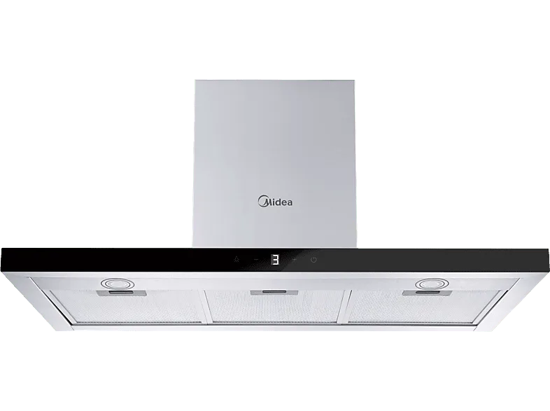 Campana decorativa - Midea MH90B4300B-ES, 4 Niveles de ventilador, 800 m³/h, 90 cm Ancho, T invertida, Iluminación LED, Acero y frontal cristal negro