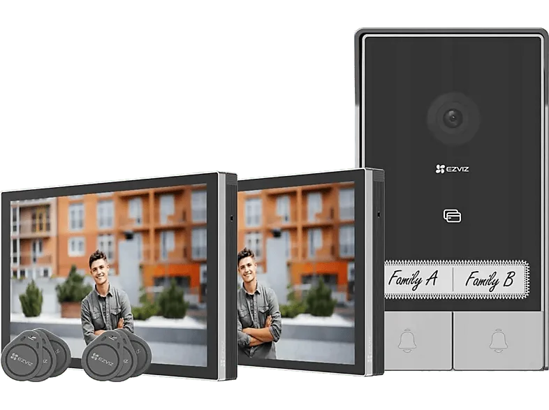 Timbre con cámara - Ezviz Kit HP7 de 2 familias, Resolución 2K (2048 × 1296), Sensor CMOS, Altavoz y micrófono, 20 tonos llamada, pantallas, Negro
