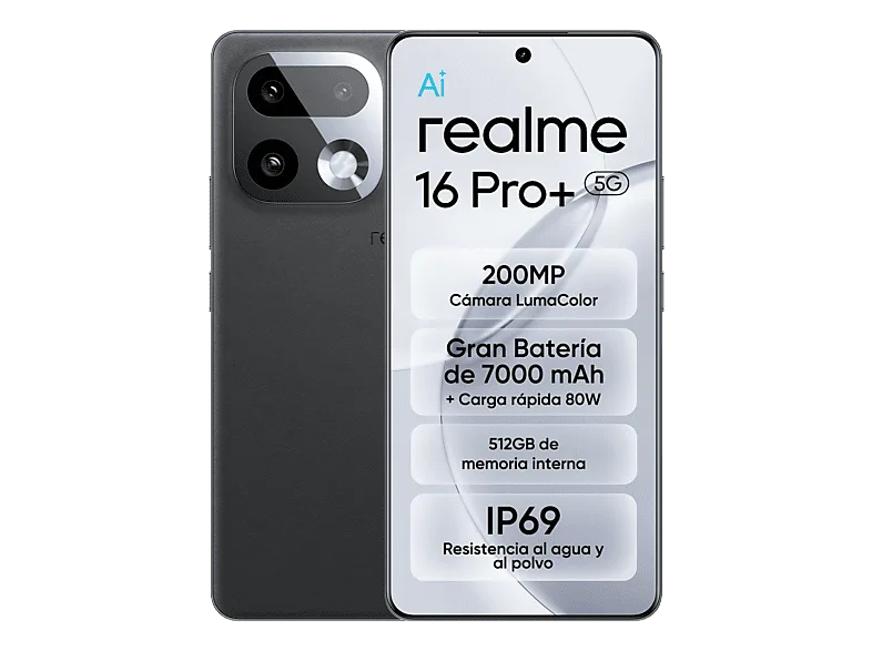Móvil - realme 16 Pro+, Master Grey, 512 GB, 12 GB RAM, 6.8" HyperGlow 4D Curve+ de 144Hz, Qualcomm Snapdragon 7 Gen 4, 7000 mAh (imagen 1 de 3)