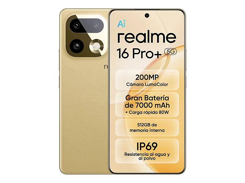 Móvil - realme 16 Pro+, Master Gold, 512 GB, 12 GB RAM, 6.8" HyperGlow 4D Curve+ de 144Hz, Qualcomm Snapdragon 7 Gen 4, 7000 mAh (imagen 1 de 3)