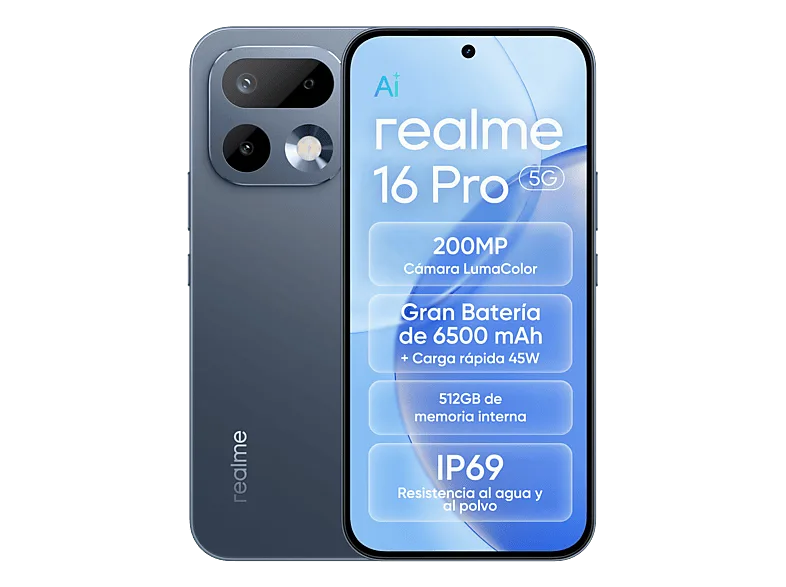 Móvil - realme 16 Pro, Grey, 512 GB, 8 GB RAM, 6.78" AMOLED de 144Hz, Dimensity 7300-Max 5G, 6.500 mAh (imagen 1 de 3)