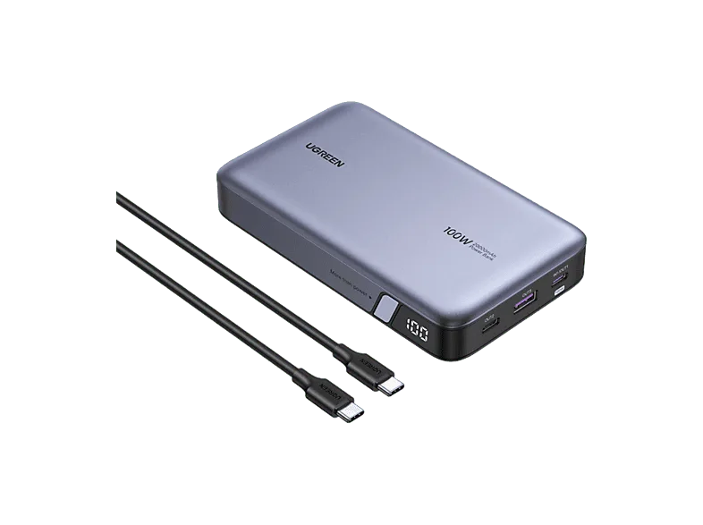 Batería externa - Ugreen UGR25188, Universal, 100W, 2000 mAh, 2x USB-C, 1x USB-A, Recarga Rápida, Gris