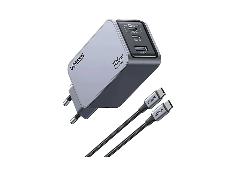 Cargador de pared - Ugreen UGR25874, Universal, 100W, 2x USB-C, 1x USB-A, Carga Rápida, Negro
