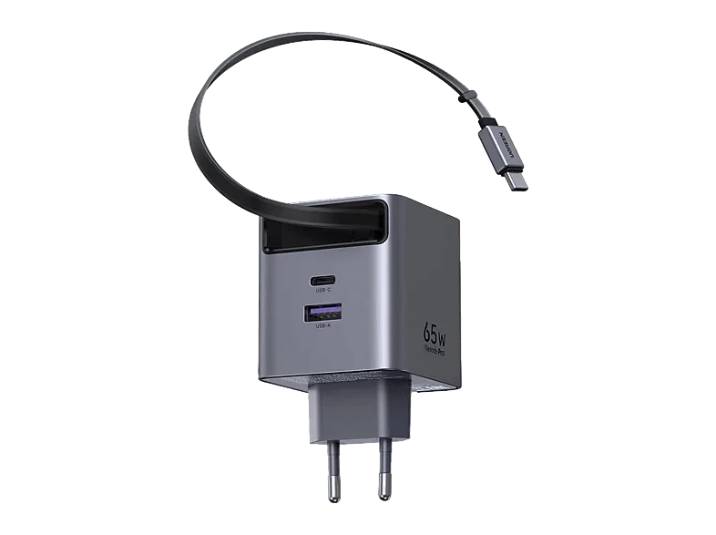 Cargador de pared - Ugreen GaN Carga Rápida con cable USB-C Retráctil, Universal, 65W, 1x USB-C, USB-A, Plata