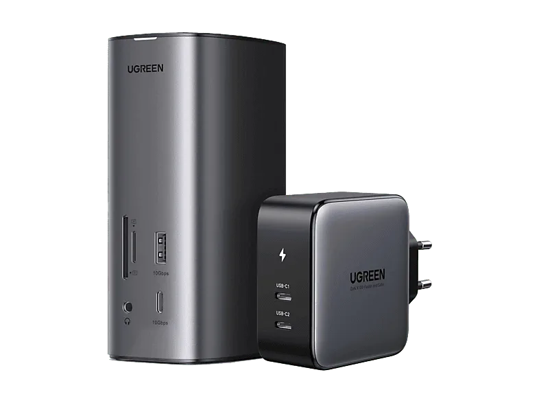 Docking station - Ugreen 90325, 4x USB-A, 3x USB-C ,LAN RJ45, Salida de audio, Lector tarjetas, 1x HDMI, DisplayPort, Gris