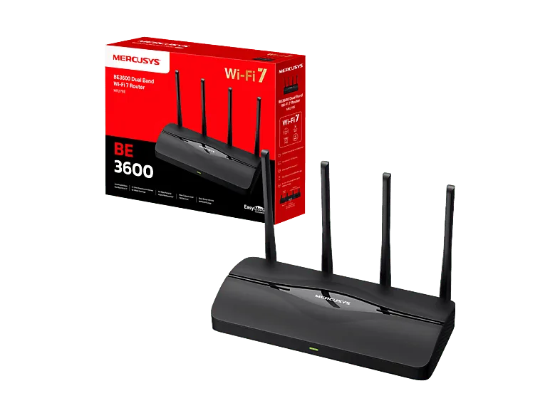 Router - Mercusys MR27BE, 3600 Mbps, WiFi 7 AX3600 Doble Banda, Puerto 2.5G Multi-Gigabit, Tecnología MLO, 4 Antenas, Red Mesh, Negro