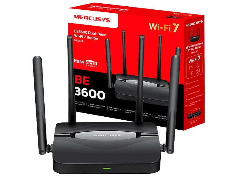Router - Mercusys MR25BE, Wi-Fi 7 AX3600 de Doble Banda, Puerto 2.5G, 4 Antenas Externas, Compatible con EasyMesh y Multi-Link Operation (MLO), Negro