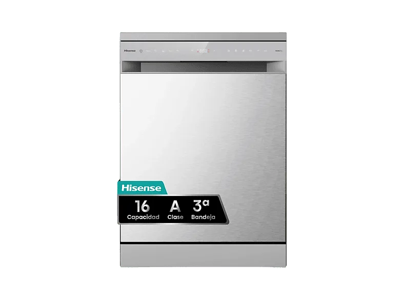 Lavavajillas - Hisense HS673A90X, 16 servicios, 7 programas, 59.9 cm, Conectividad Wi Fi, Tercera bandeja, Inox