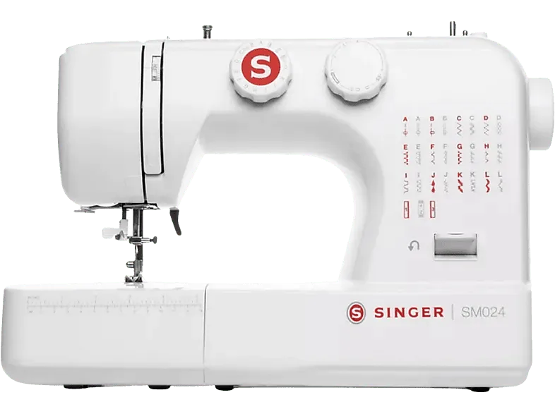 Máquina de coser - Singer SM024-RD, 24 Puntadas útiles, Luz LED, Enhebrador automático, Blanco/Rojo
