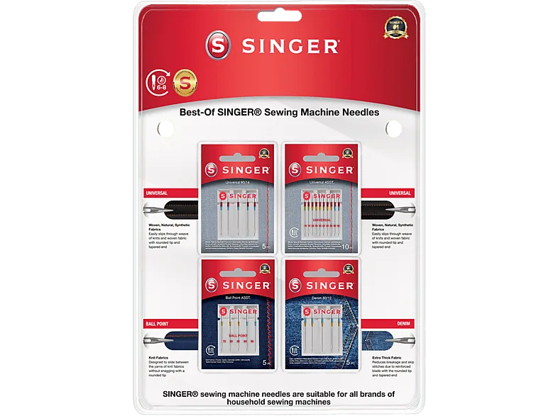 Recambio agujas - Singer A4/A5 Needle Pack, 25 unidades, Universal, Denim, Ball Point, Multicolor