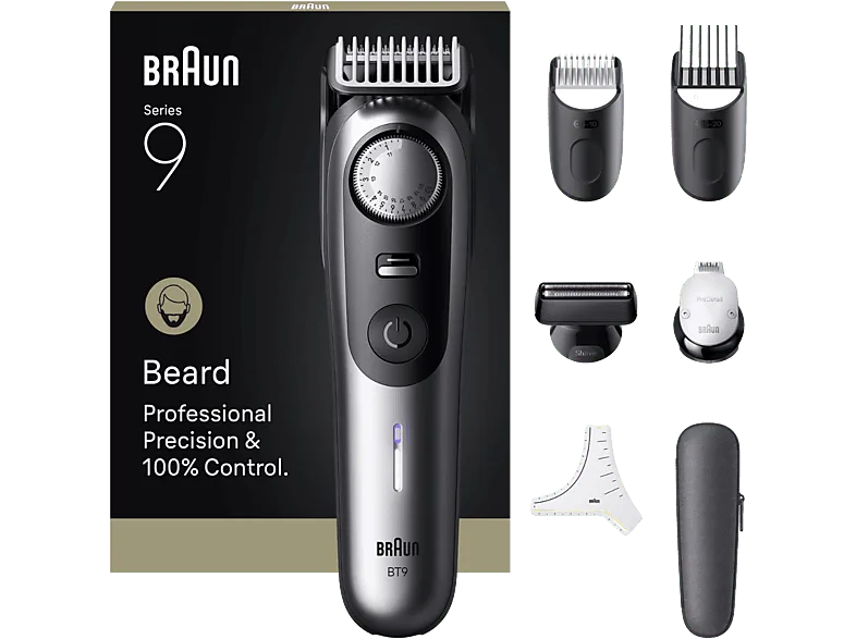 Barbero - Braun Series 9 BT9520, 7 Accesorios para barba, 52 ajustes de longitud, Bloqueo precisión, Lámina ProBlade, PowerBoost, Wet&Dry, Cromo