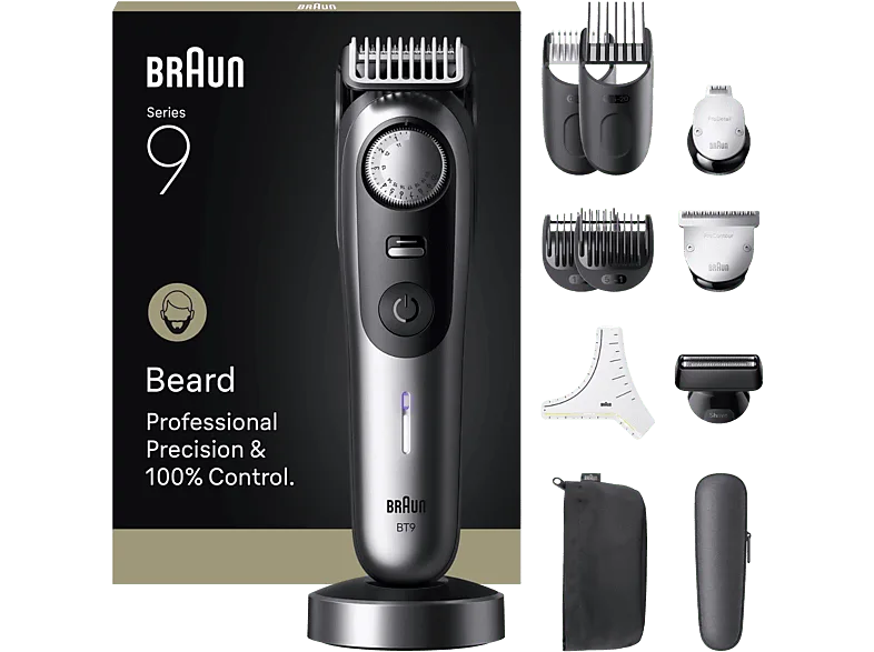 Barbero - Braun Series 9 BT9560, 12 Accesorios para barba, 52 ajustes de longitud, Bloqueo precisión, Lámina ProBlade, PowerBoost, Wet&Dry, Cromo