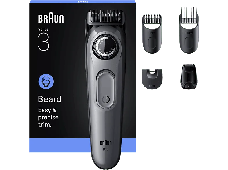 Barbero - Braun Series 3 BT3560, 4 cabezales para barba, 40 ajustes de longitud, Lámina ultra afilada, Gris