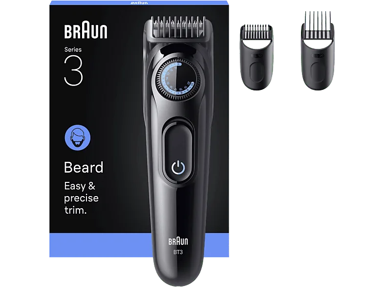 Barbero - Braun Series 3 BT3520, 2 peines para barba, 40 ajustes de longitud, Lámina ultra afilada, Negro