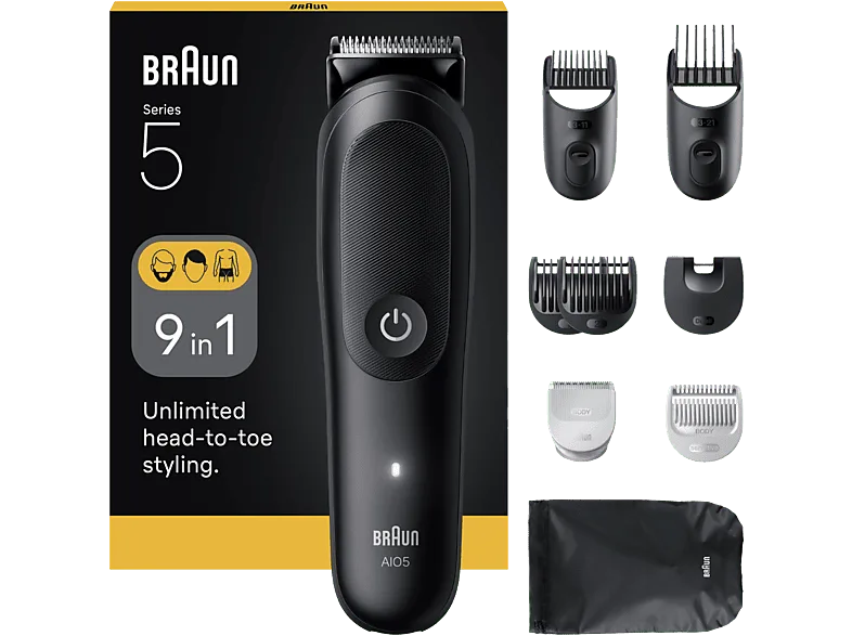 Afeitadora multifunción - Braun Todo En Uno Series 5 AIO5540, Kit De Styling 9 en 1, Lámina Afilada, 14 Longitudes, Barba, Pelo y Cuerpo, Negro
