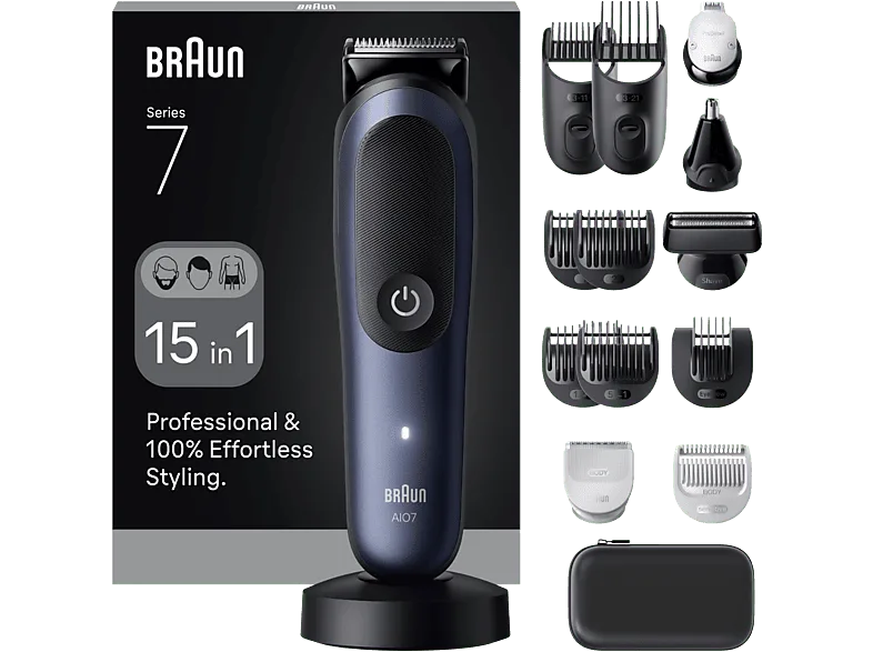 Afeitadora multifunción - Braun Recortadora todo en 1 Series 7 AIO7580, Kit De Styling 15 1, Lámina ProBlade, AutoSense, Wet& Dry, Azul