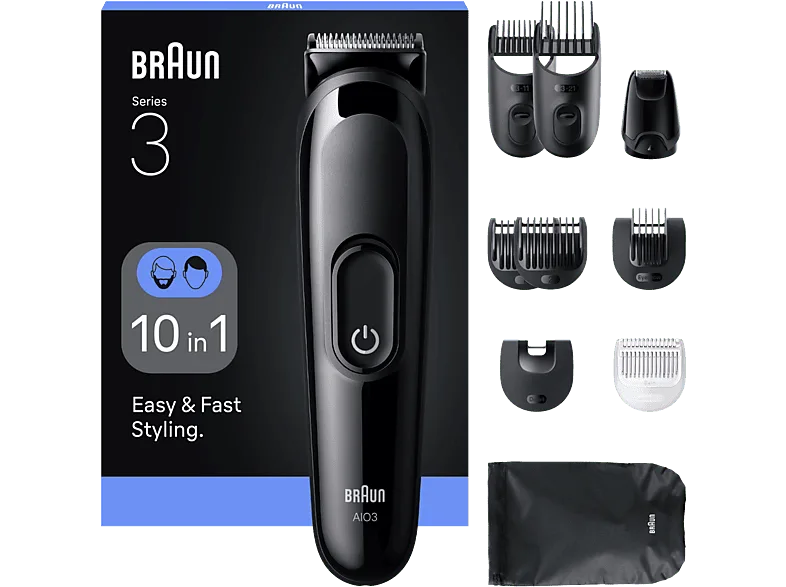 Afeitadora multifunción - Braun Todo En Uno Series 3 AIO3560, Kit De Styling 10 en 1, Lámina Afilada, 14 Longitudes, Negro