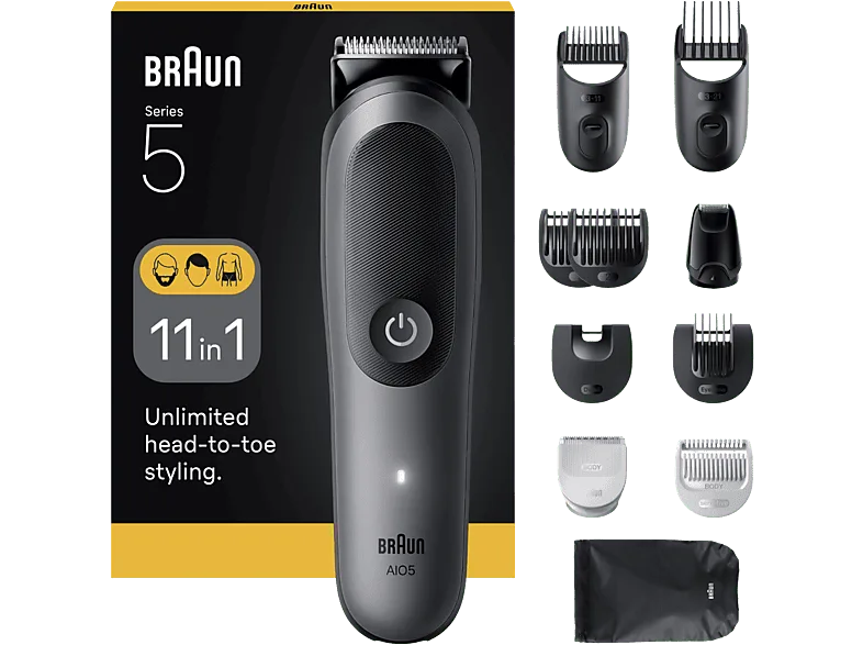Afeitadora multifunción - Braun Todo En Uno Series 5 AIO5560, Kit De Styling 11 en 1, Lámina Afilada, 14 Longitudes, Barba, Pelo y Cuerpo, Gris