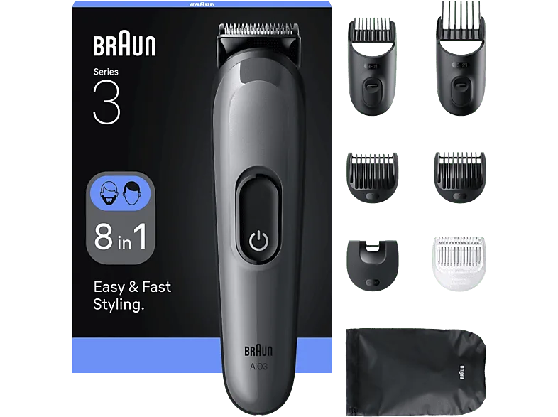 Afeitadora multifunción - Braun Todo En Uno Series 3 AIO3540, Kit De Styling 8 en 1, Lámina Afilada, 14 Longitudes, Gris