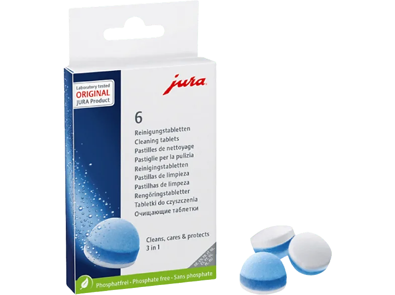Pastillas de limpieza - Jura 24225, 3 En 1, Pack 6 pastillas, Compatibles con cafeteras Jura, Blanco/Azul