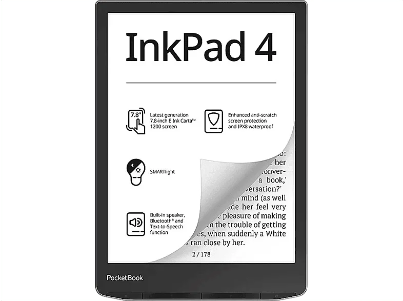 eBook - Pocketbook Inkpad 4, 7.8 " E-Ink Carta™ 1200, 32 GB, Audiolibro, SMARTlight, Wifi, IPX8, Bluetooth®, Negro