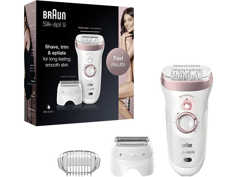 Depiladora - Braun Silk-épil 9-730, Tecnología Micro-Grip, Luz Smartlight, Wet&Dry, Depila, rasura y recorta 3 en 1