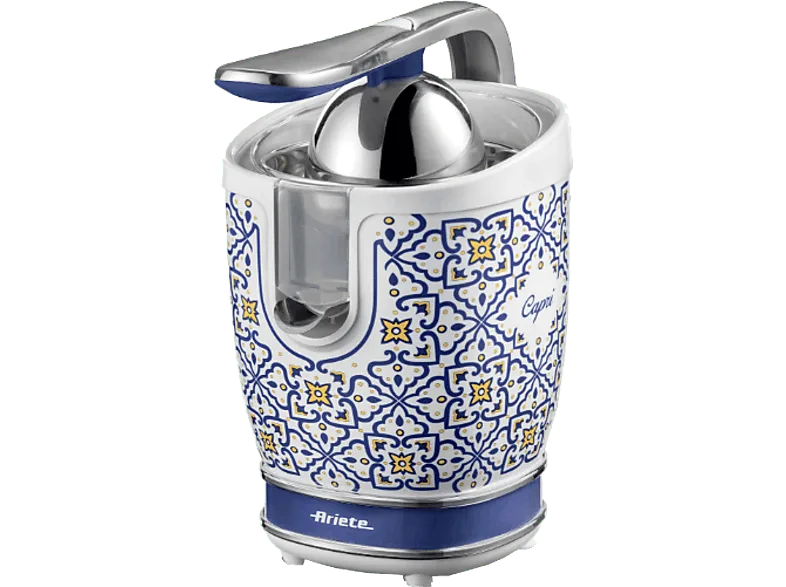 Exprimidor - Ariete Capri, 0.6 l, 85 W, Boquilla de Acero inoxidable Antigoteo, Dos Conos, Azul/Blanco