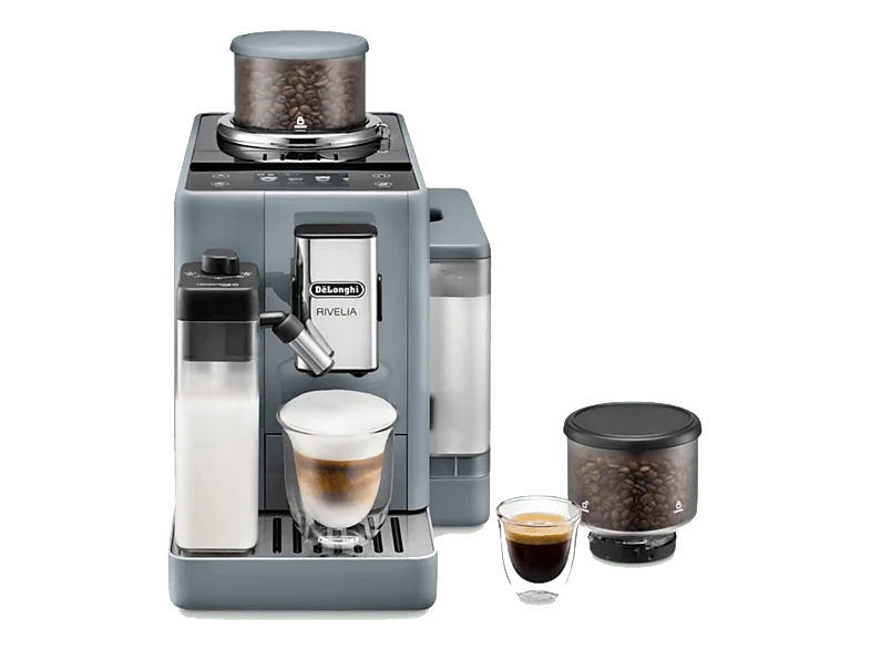 Cafetera superautomática - De'Longhi Rivelia EXAM440.55.G, 1450W, 19 bar, Molinillo integrado, LatteCremaHot, Depósito leche, Táctil, 16 recetas, Gris