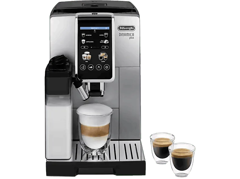 Cafetera superautomática - De'Longhi Dinamica Plus ECAM380.85.SB, 1450W, 15 bar, Molinillo Integrado, Espumador de leche, Táctil, 2 tazas, Inox