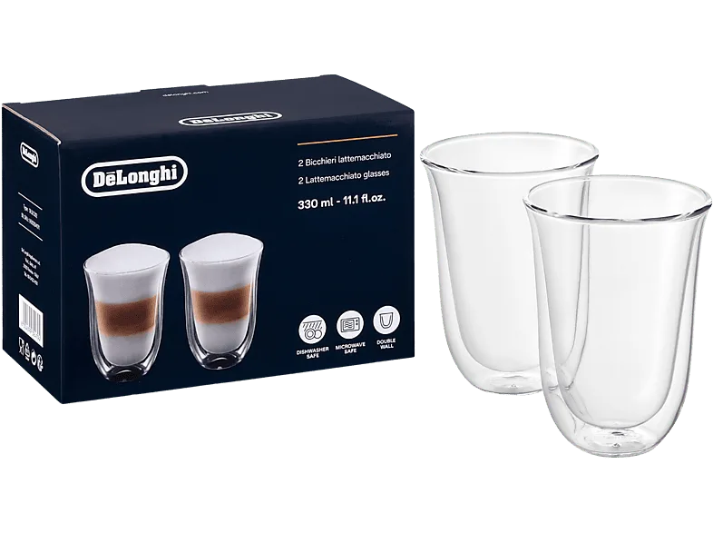 Set de 2 tazas - De'Longhi Café Latte Macchiato DLSC312, Juego vasos café, Cristal, 220 ml