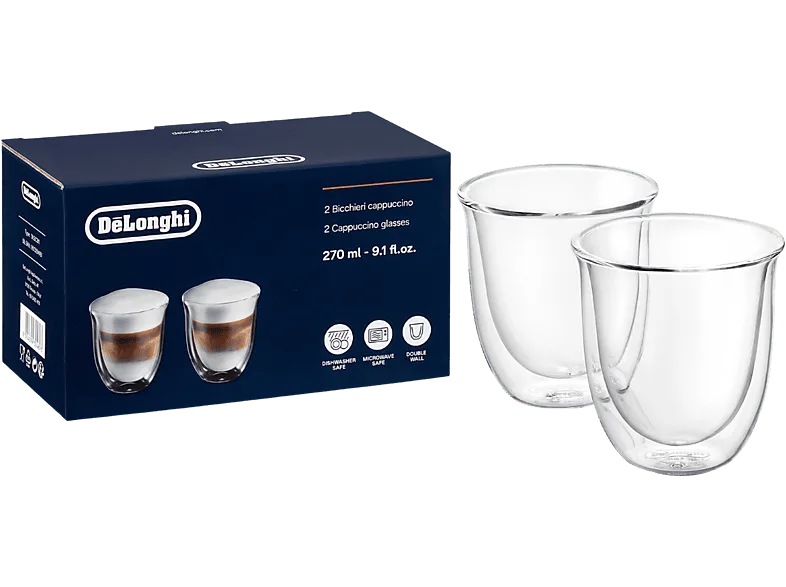 Set de tazas - De'Longhi DLSC311, Juego 2 vasos Cappuccino, Vidrio doble, Transparente, 270ml