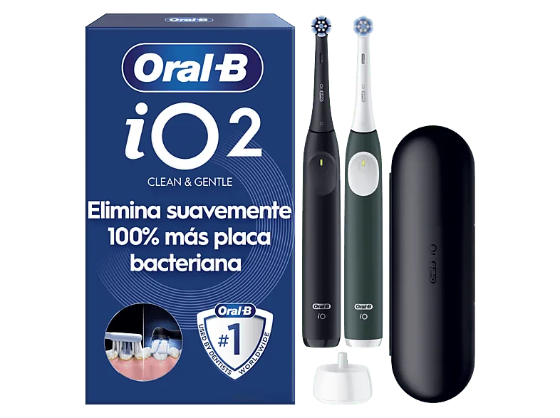 Cepillo eléctrico - Oral-B iO 2, Pack dúo, 2 recambios, 3 modos, Temporizador, Sensor de presión, Estuche viaje, Negro y Verde Bosque