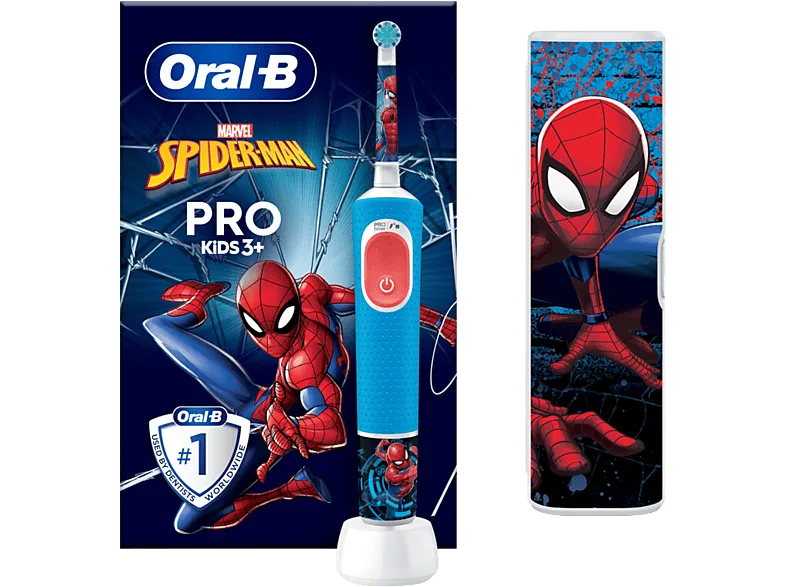 Cepillo eléctrico infantil - Oral-B Pro Kids Spider-Man, 2 Modos, Estuche de viaje, Diseñado Por Braun, Acceso app Disney ¡,+3 Años,