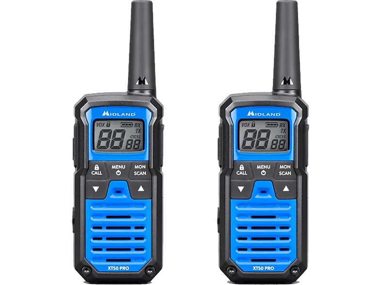 Walkie Talkie - Midland XT50 Pro, Carga Rápida, 85 canales (69 LPD + 16 PMR446), USB, Alcance de 8 km, Azul