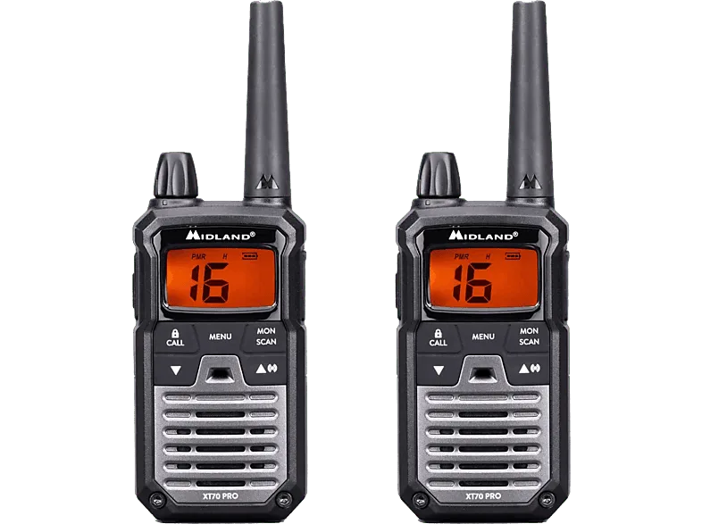 Walkie Talkie - Midland XT70 Pro, Carga Rápida, 32 canales, USB, Alcance de 12 km, Negro