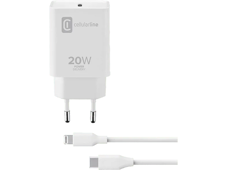 Cargador móvil - CellularLine CHARGER KIT, Para Apple iPhone y iPad, Cable Lightning, USB-C, 100 cm, 20W, Blanco