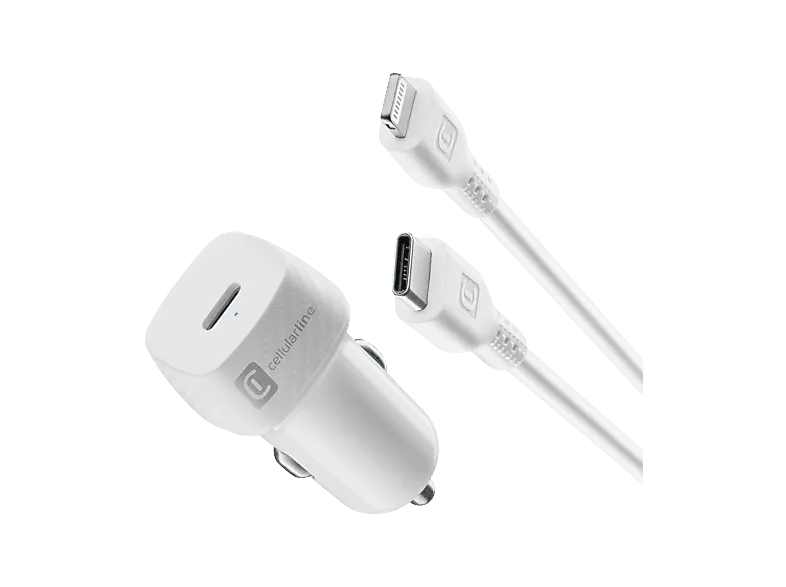 Cargador USB para coche - CellularLine CAR CHARGER KIT, Ultrarrápido, 20 W, Para iPhone, Con cable 100 cm, Tipo C a Lightning, Blanco