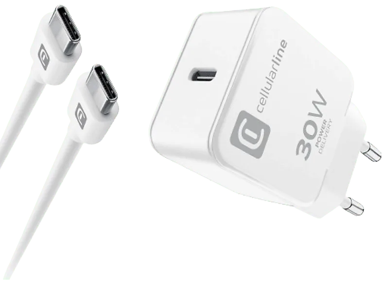 Cargador móvil - Cellularline ACHIPHKITC2CPD30WW, Para USB-C, 30 W, Blanco