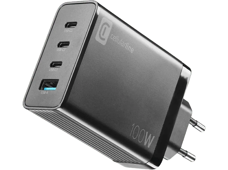 Cargador móvil - CellularLine ACHUSBGAN4WAL100WK, USB- C, 100 W, 4 puertos, Universal, Negro