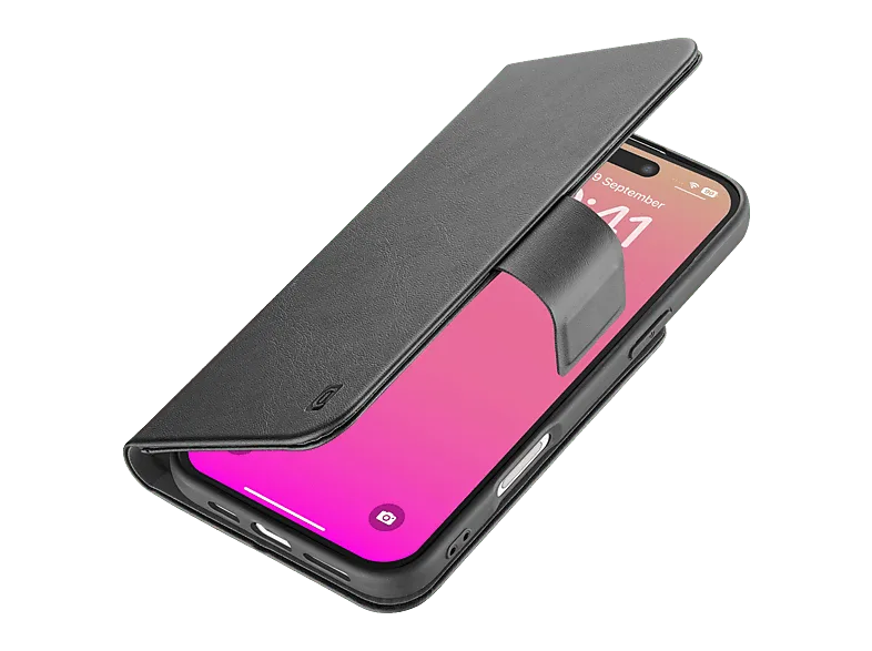Funda móvil - CellularLine BOOK AGENDA, Para iPhone 17, Imitación piel y Cierre magnético, Con tapa tarjetero, Negro