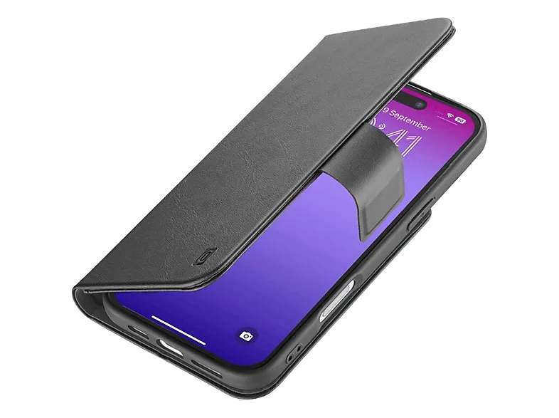 Funda móvil - CellularLine BOOK AGENDA, Para iPhone 17 Pro, Imitación piel y Cierre magnético, Con tapa tarjetero, Negro