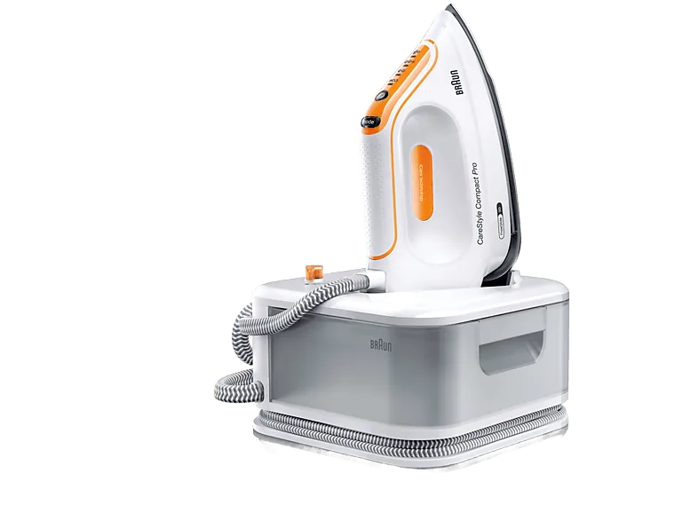 Centro de planchado - Braun CareStyle Compact Pro IS2561WH, 2400W, 1.5l, 6 bar, Golpe vapor 400g/min, Suela EloxalPlus, Freeglide3D, Blanco/Naranja