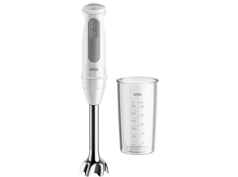 Batidora de mano - Braun Minipimer MultiQuick 5 MQ50001MWH, 1000 W, Vaso 0.6 l, PowerVell VPlus, EasyClick Plus, 21 Velocidades, Blanco/Gris