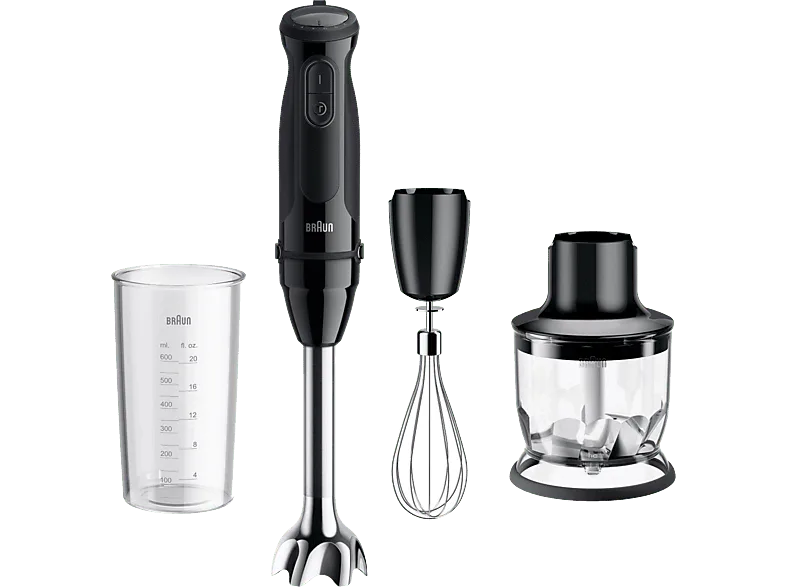 Batidora de mano - Braun Minipimer MultiQuick 5 MQ50202MBK, 1000W, 0.6 l, SplashControl, EasyClick Plus, 21 velocidades, 2 accesorios+Picadora, Negro